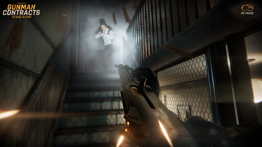 Detailed weapon mechanics in Gunman Contracts Stand Alone. Use pistols with laser sights and experience realistic gunplay in VR mode.